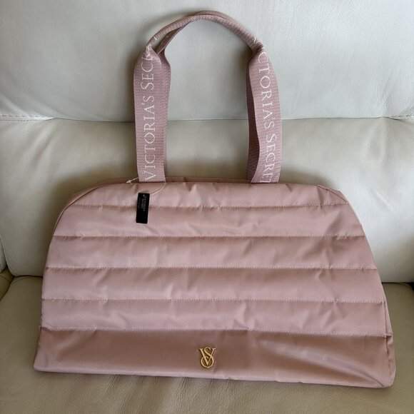 Victoria's Secret Quilted Duffle Bag Pink Zinc Weekender Gold Logo Zipper Pocket - Picture 3 of 7